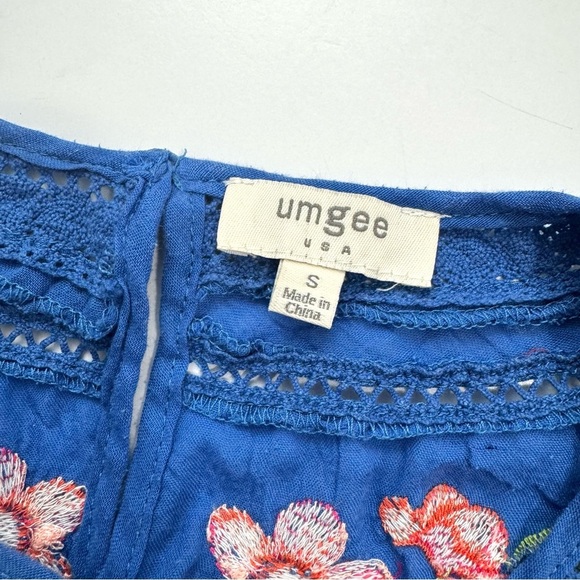 Umgee Women’s Small Gauzy Boho Blue Tunic Top Embroidered Flowers Short Sleeve - Picture 9 of 14